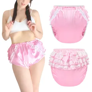 Littleforbig Washable Reusable Waterproof Ruffled Lace Bow Pretty in Pink/Black/Rose Satin Over Adult Diaper Cover