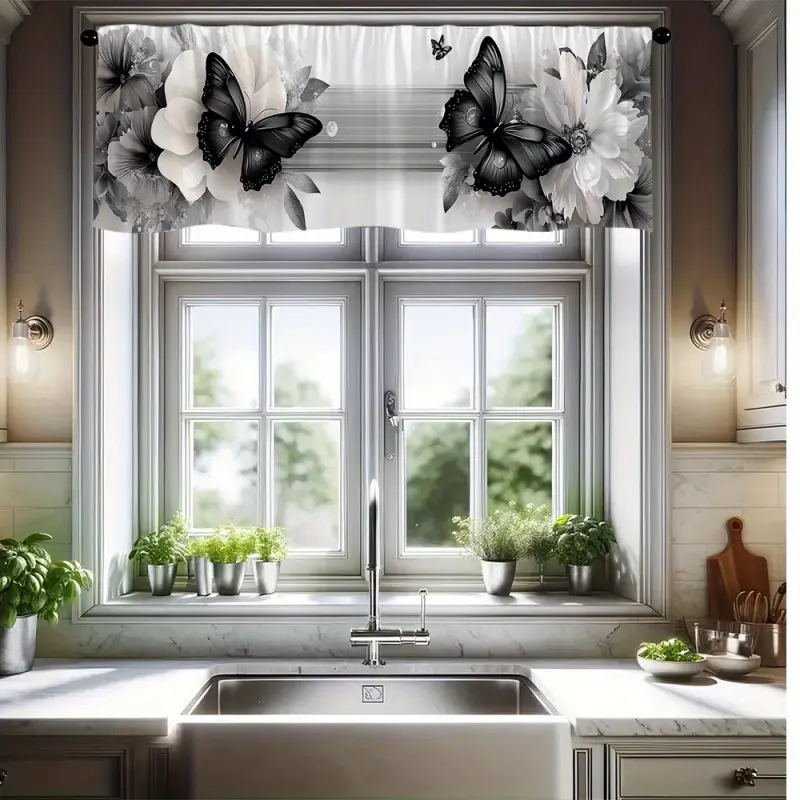 [Butterfly Floral Valance] 1pc of Butterfly Floral Black And White Art Valance Curtain with a 2D Flat Print And Rod Pocket Design, Easy to Install, Enhances The Decor of Kitchens, Bedrooms, Living Rooms, Offices, Hallways