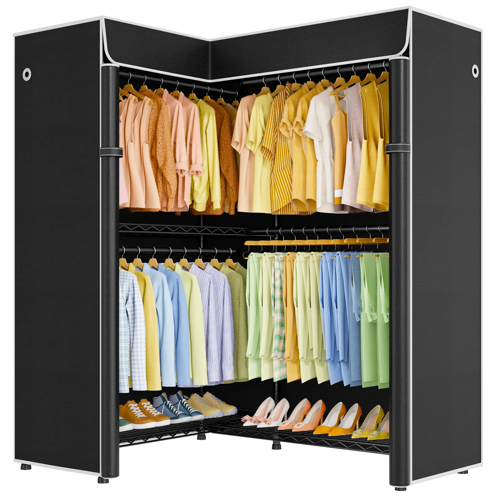 E15C Garment Rack L Shaped Clothes Rack for Corner，Freestanding Clothing Racks for Hanging Clothes，Heavy Duty Closet Organizer 43.3"W x 15.8"D x 78.4"H，Black Rack with Grey Dustproof Cover