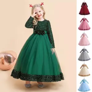 Kids Clothes 079 Sequins Green Princess Long Sleeve Ball Gown Frock Children Formal Evening Party Pageant Prom Host Cocktail Dress Flower Girls 4-14Y