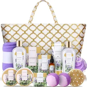 Bath and Body Care Spa Set Gift Baskets for Women 15pcs Lavender Birthday Mother's Day Gifts: Soap, Shampoo Bar, Massage Oil, Bath Bombs, Shower Gel, Bubble Bath, Body Lotion, Body Scrub, Bath Salt, Bath Puff, Body Brush, Hand Cream, Dry Hair Cap,Tote Bag