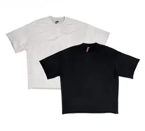 High Level Men's Oversized Shortsleeve Cotton French Terry T-Shirt - 360gsm Heavyweight Menswear Clothes, Boxy Fit, Drop Shoulders, Washed Streetwear Top - Black, Light Grey