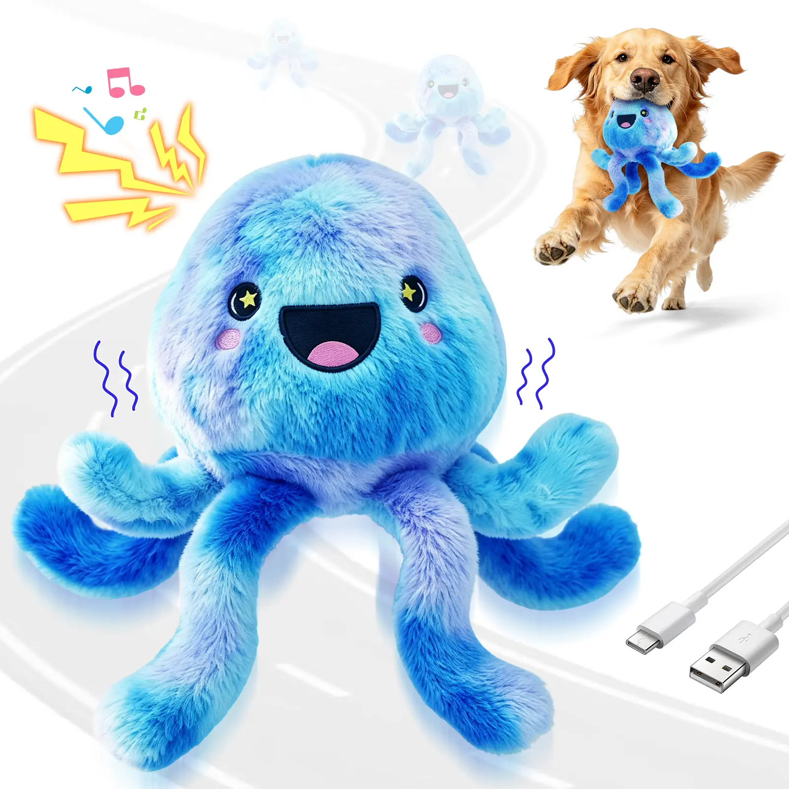 Fuufome Electric Interactive Jellyfish Dog Toy - Rechargeable Vibrating Plush Toy built-in squeaker with Puppy Barking Sounds, Moving & Shaking Design for Small to Large Dogs, Indoor Play