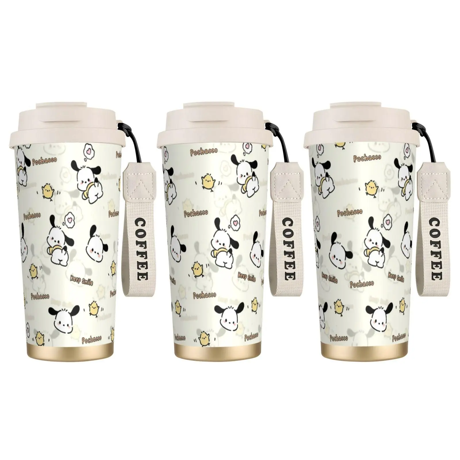 1pc Pochacco 316 SS Double Wall Insulated Stainless Steel Coffee Tumbler - 18oz/500ml, Acid and Alkali Resistant, Portable Dual Drink Lid, Strap & Carry, Cute Kawaii Aesthetic, Base 68mm, Height 192mm, for Hot/Cold Beverages, Office/Outdoor Use