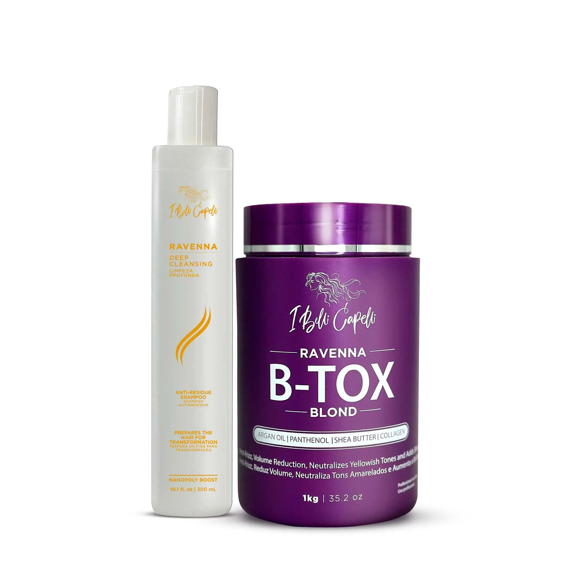 I BELLI CAPELLI Ravenna Blond Btox Kit with Deep Cleansing Shampoo & Intense Hydrating Mask, Treatment for Shiny, Neutralized Blonde Hair (1kg + 300ml), Hydrate, Argan Oil, Haircare, Moisturizer, Shiny Hair, Anti-Residue, Promotes Shine, Hydration, Apply,