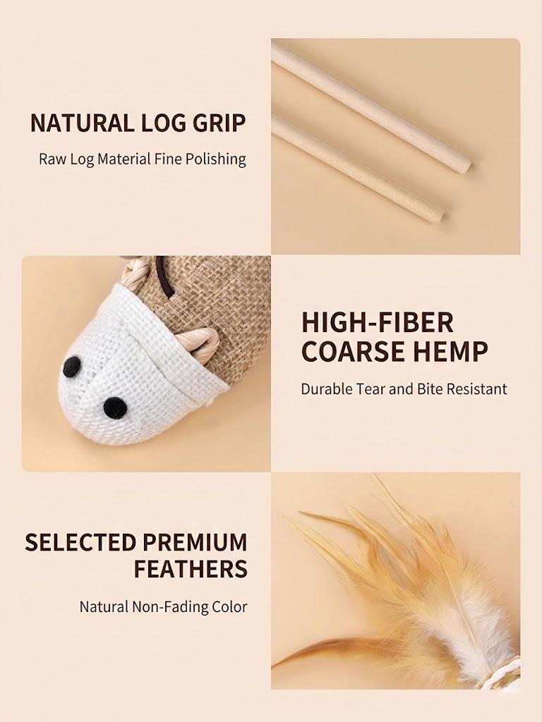 Handcrafted Natural Wood Cat Teaser Wand Toy with Durable Jute Rope Mouse, Real Feathers and Jingle Bell - Interactive Log Teasing Stick for Indoor Cats, Kittens, Exercise and Hunting Play