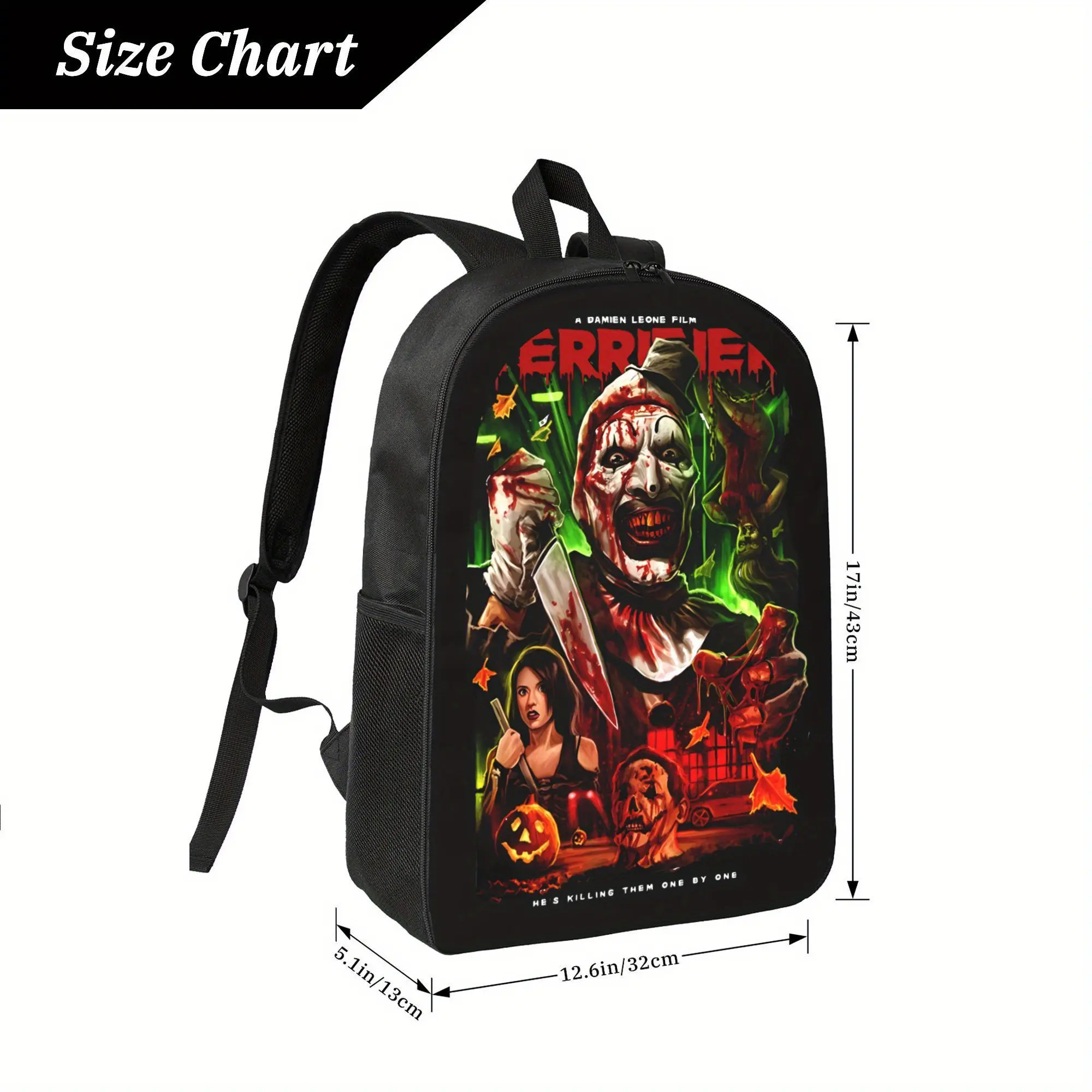 Terrifier Film Art Print Backpack - Horror Clown Design with Blood Splatter & Halloween Graphics, Durable Zipper Closure School Book Bag for Students, Spacious Horror Movie Fan Backpack, Halloween Backpack, Daily Carry, Dark Aesthetic, Reliable Storage,
