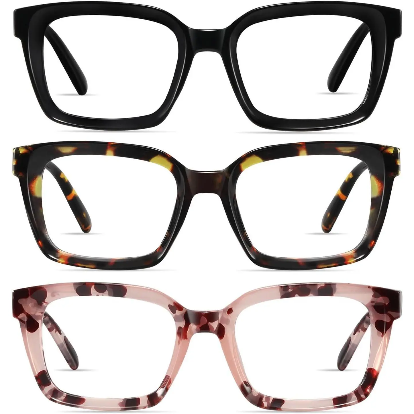 RESJOK Women's 3-Pack Mix1 Square Frame Reading Eyeglasses, Oversize, Blue Light Blocking, Anti-Glare, UV Protection, Lightweight, High Definition Vision, Eye Strain Relief, Gift Option for Friends, Family, Colleagues