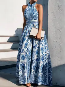 Elegant Women's Floral Print Dress - Summer & Spring A-Line Halter Neck Dress with Blue & White Porcelain Pattern summer outfits prom dress
