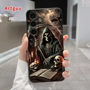 Grim Reaper Pattern Straight Edge Phone Case Compatible with Samsung S24 ultra plus S25 S23 S22 Ultra Plus Shockproof Full Camera Protection Durable Slim Silicone Cover