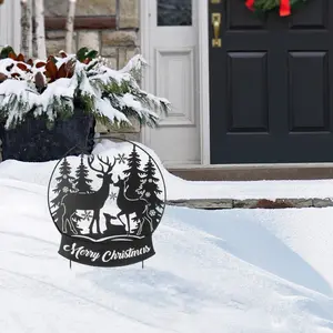 Glitzhome 30"H Christmas Metal Silhouette"Merry Christmas" Waterglobe with Reindeers Yard Stake or Wall Decor(KD,Two Function)