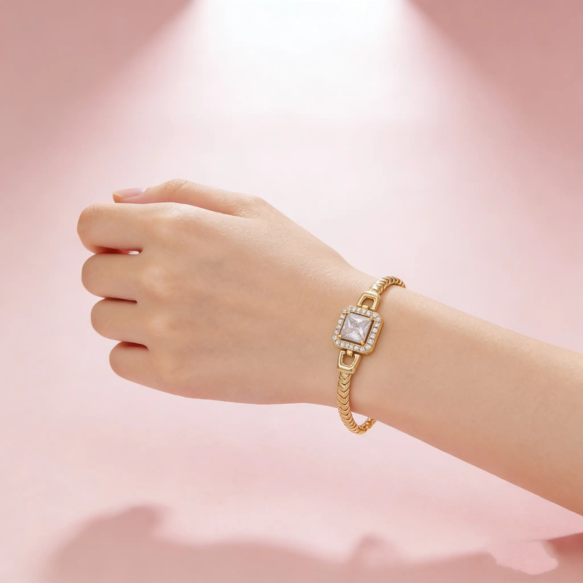 Dainty Gold Herringbone Bracelet for Women - 14K Gold Plated with Sparkling Square CZ Stone, Minimalist Luxury Jewelry for Bridal, Birthday, Anniversary Gift