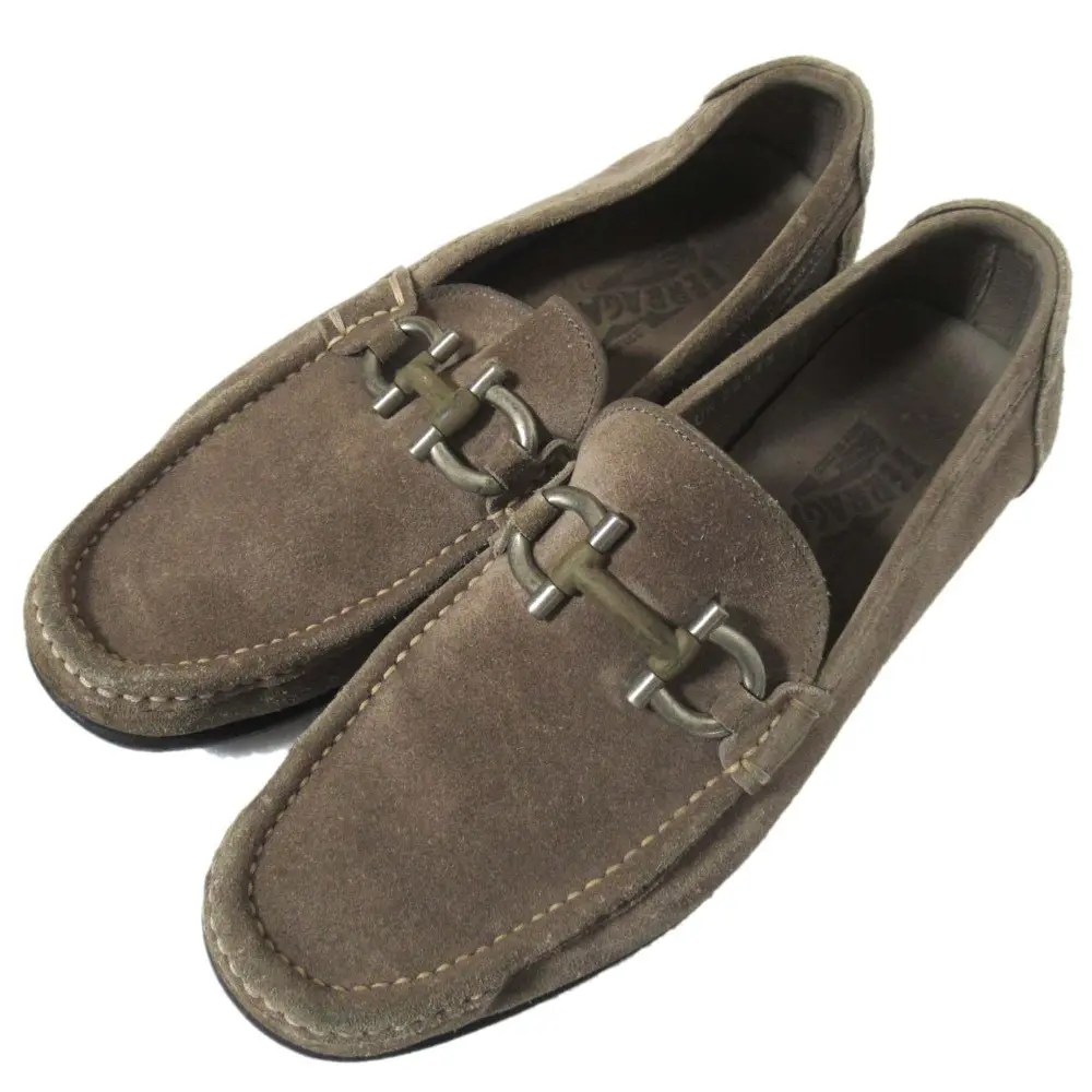 Pre-owned SALVATORE FERRAGAMO Suede Small Leather Goods Gancini Loafers