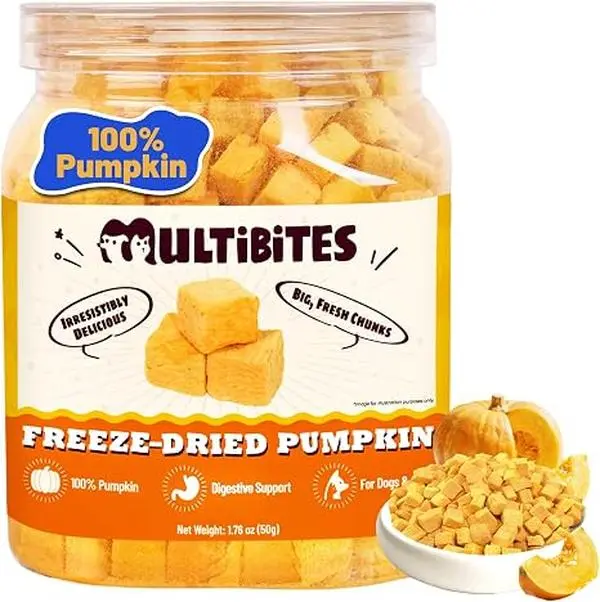MultiBites Freeze-Dried Pumpkin – Just One Ingredient: 100% Pumpkin. For Dogs & Cats. Supports Digestive Health and Gut Function. Freeze-Dried to Lock in Freshness – Low-Fat, Gut-Friendly, and Loved by Picky Pets.