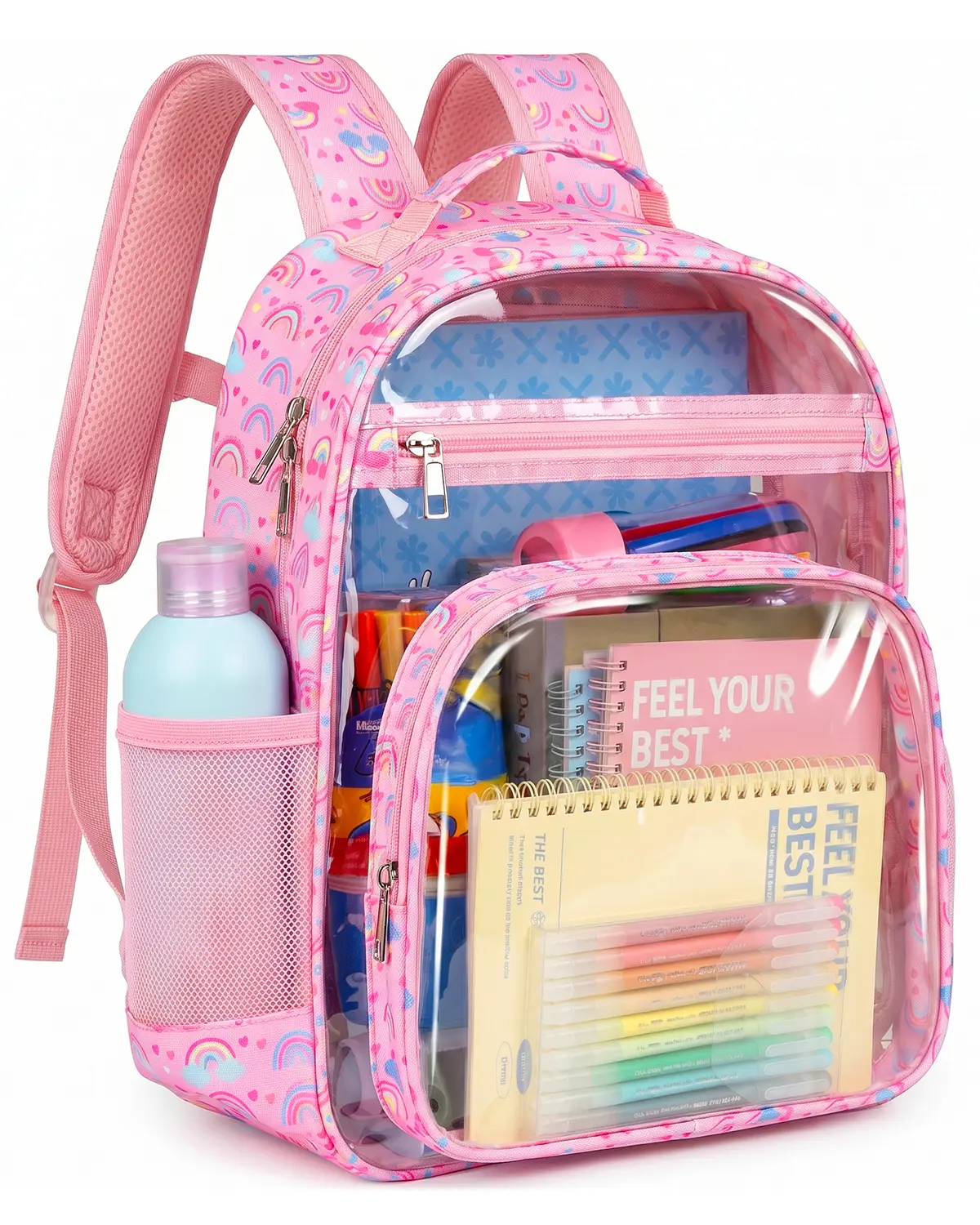 Large Capacity Clear PVC Backpack with Rainbow Dinosaur Print, Lightweight Schoolbag Bookbag with Multi Pockets for Boys and Girls, Casual Travel Backpack for Vacation, Daily Use and Outdoor