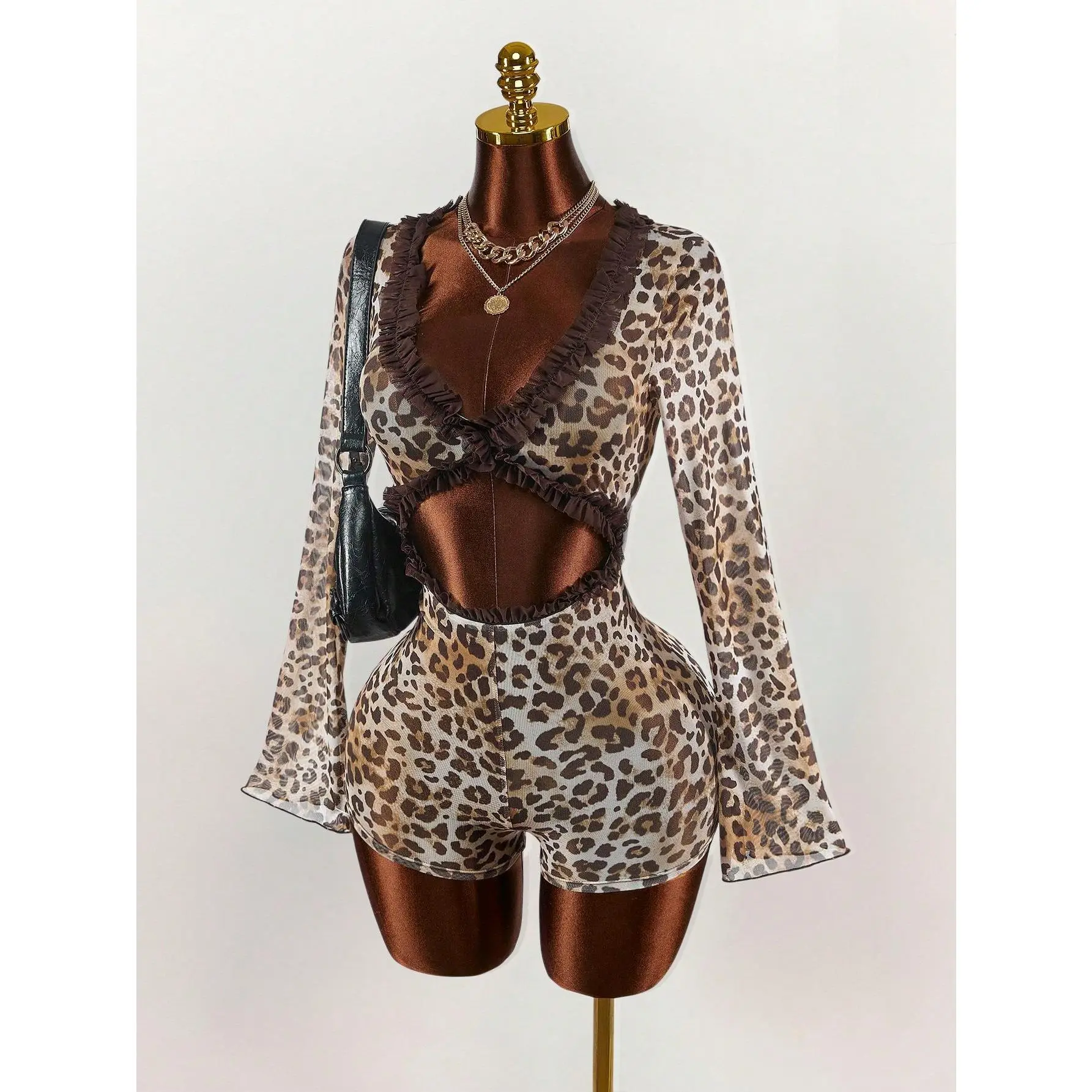 Women's Vintage Leopard Print Sheer Low-Cut Fitted Lightweight Cocktail Jumpsuit with Customized Sleeves, Long Sleeve, Jumpsuits For Women, Clubwear, Bodysuit, Breathable, Comfortable, Vintage Clothing, Fabric
