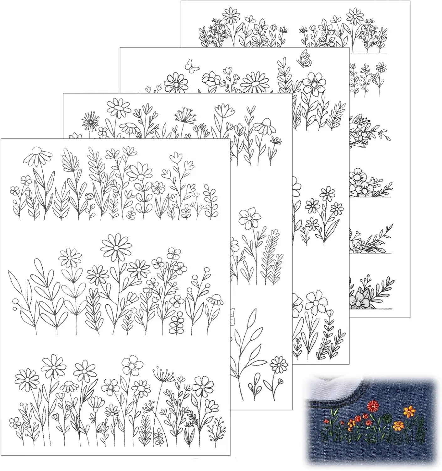 Stick-and-Sew Water Soluble Embroidery Transfer Paper, 4 Sheets Fast-Dissolving Wash-Away Paper with Floral, Daisy, Butterfly Motifs for Embroidery Projects, Dissolves Fast, Four Sheets