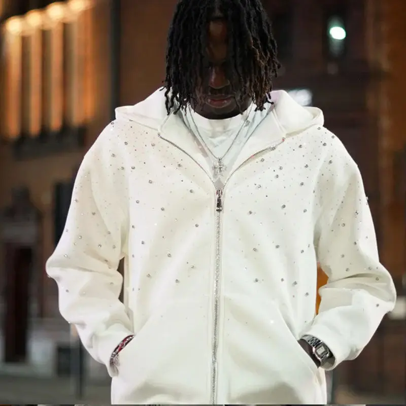 Men's Slim Fit Hooded Sweatshirt - Korean Style Polyester Pullover with Hot-Stamped Diamond Graphic, Casual Long-Sleeve Round Neck