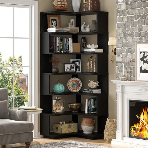 Multi-Layered Corner Wood Bookshelf Organizer - Freestanding L-Shaped Bookcase with Baffle, Angular Back, Adjustable Shelf, Easy Setup, Sturdy Display Furniture for Home Office, Book Shelf Decoration, Room Decor, Book Nook