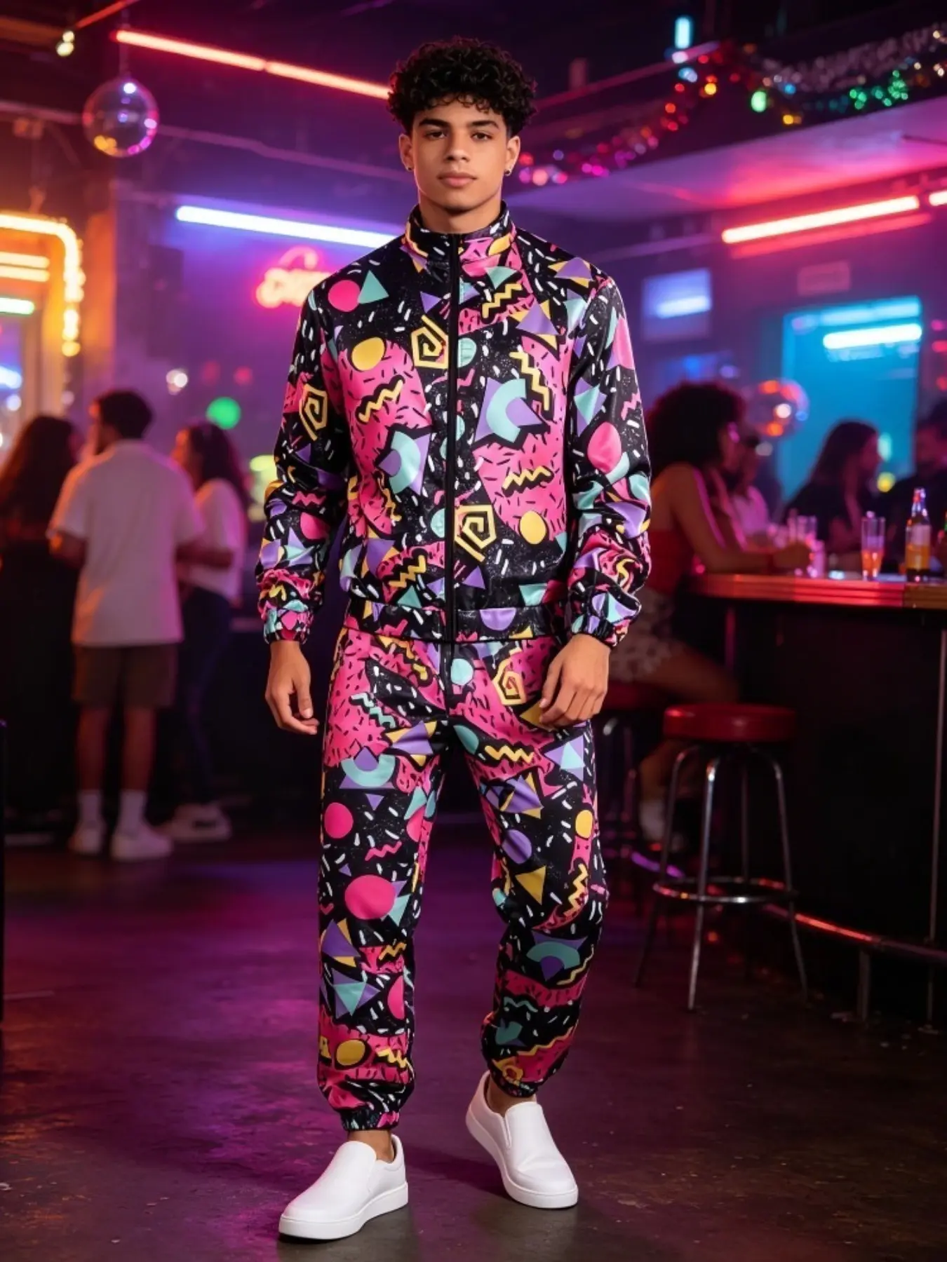 80s Gym Selfie Tracksuit for Men | Retro Disco Jogger Suit with Cropped Zip Jacket + High Waisted Side Stripe Pants | Fluorescent Outfit for Party