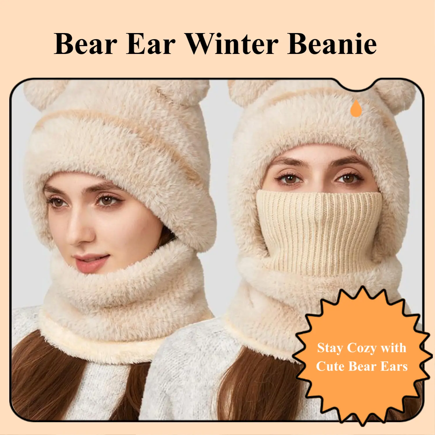 Cute Bear Ear Windproof Winter Cycling Hat Warm Fleece Lined Beanie with Animal Ears for Cold Weather Outdoor Activities Men Women Beige