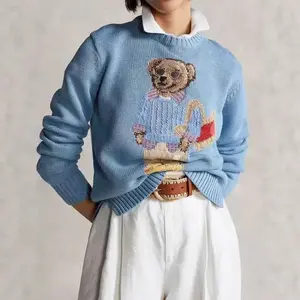 Cartoon Embroidered Bear American Round Neck Knit Sweater
