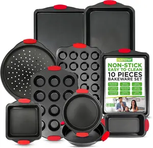 NutriChef Premium 10-Piece Bakeware Set - Flexible Nonstick Carbon Steel, Stylish Red Silicone Handles, Oven Safe Up to 450°F, Dishwasher Safe, Ideal for Baking Cakes, Muffins & More