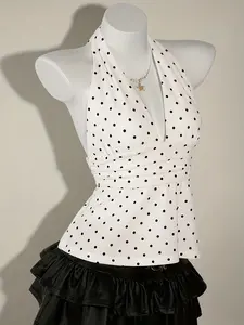 Summer Fashion New V Neck Polka Dot Tie Front Top Shirt, Elegant Backless Slim Fit Vacation Style Sexy Sleeveless Chic Shirt Blouse