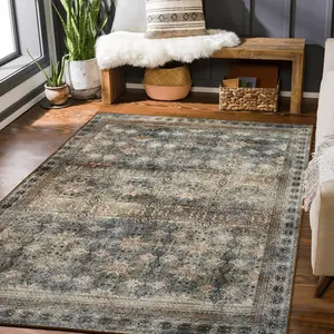 Distressed faux cashmere vintage flower living room bedroom dining room kitchen bathroom laundry room low-pile non-slip easy-clean durable machine washable area rug, sizes: 5x8 6x9 ft