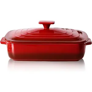 Large Ceramic Casserole Dish with Lid, 4.0 Quart Covered Rectangular Stoneware Baking Dishes for Oven, Deep 9x13 Inch Lasagna Pans for Baking and Serving, Perfect for Christmas Gift, Red