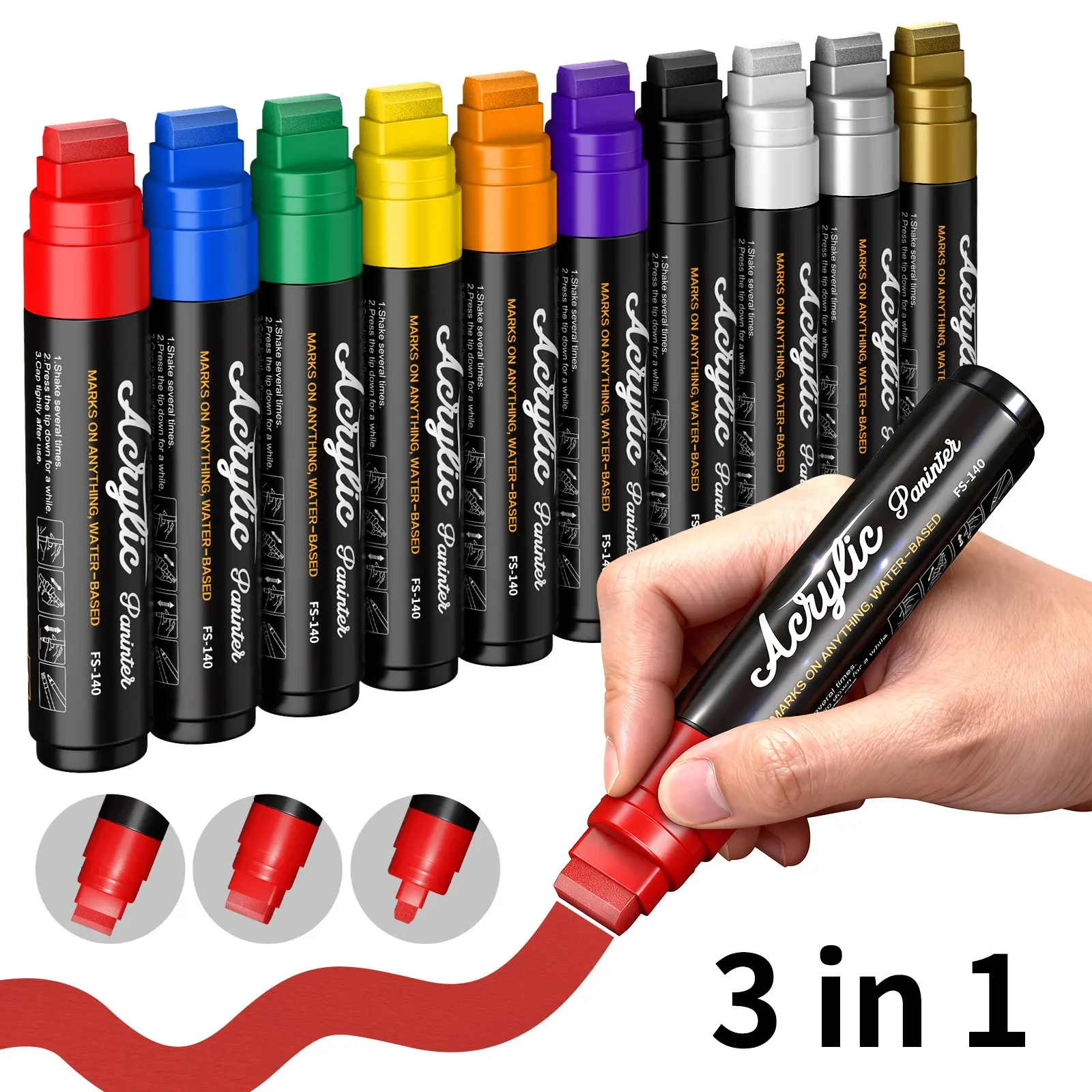 10 Color Giant Permanent Markers, 15mm Tip Width, Thick Paint Acrylic Pens, Art Pen Marker for Rock Painting and Sign Making, Canvas and Wood Use