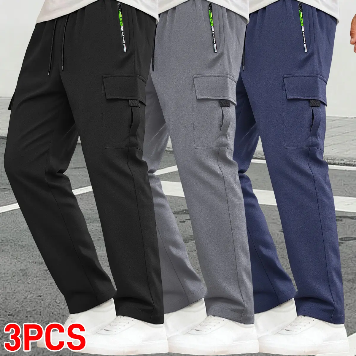 Men's 3-Pack Casual Sports Joggers, Breathable Polyester Athleisure Fitness Pants with Drawstring, Mid-Rise Waistband, and Zip Pocket, Breathable Material Jogger, Elastic Waist Joggers