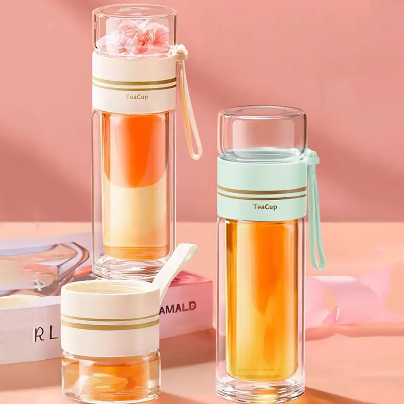 Double Wall Insulated Glass Tea Cup, Portable Heat-Resistant Filter Design, Elegant Teacup for Men & Women, Perfect Gift Idea, Durable Glass Cup, Thickened Glass Cup, Stylish Drinkware, Glass Beverage Cups, Drinking Tea Cup