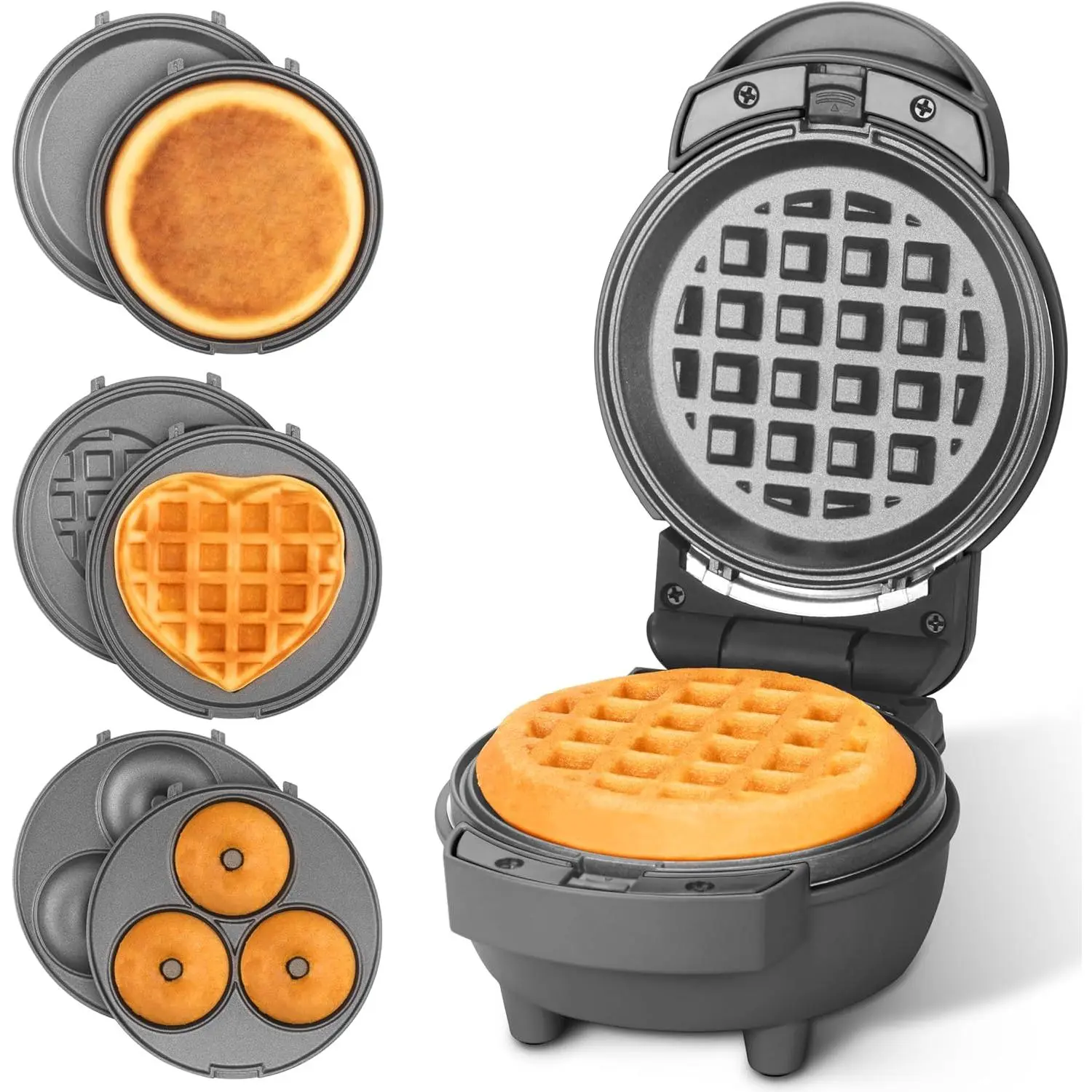 4-in-1 Multi-Functional Compact Waffle Maker with Removable Washable Plates, Assorted Baking Inserts (Pancake, Donut, Heart Shape), Included Recipe, Graphite Finish - Lightweight Portable Kitchenware Tool for Single Portions, First Apartment Users, Remova