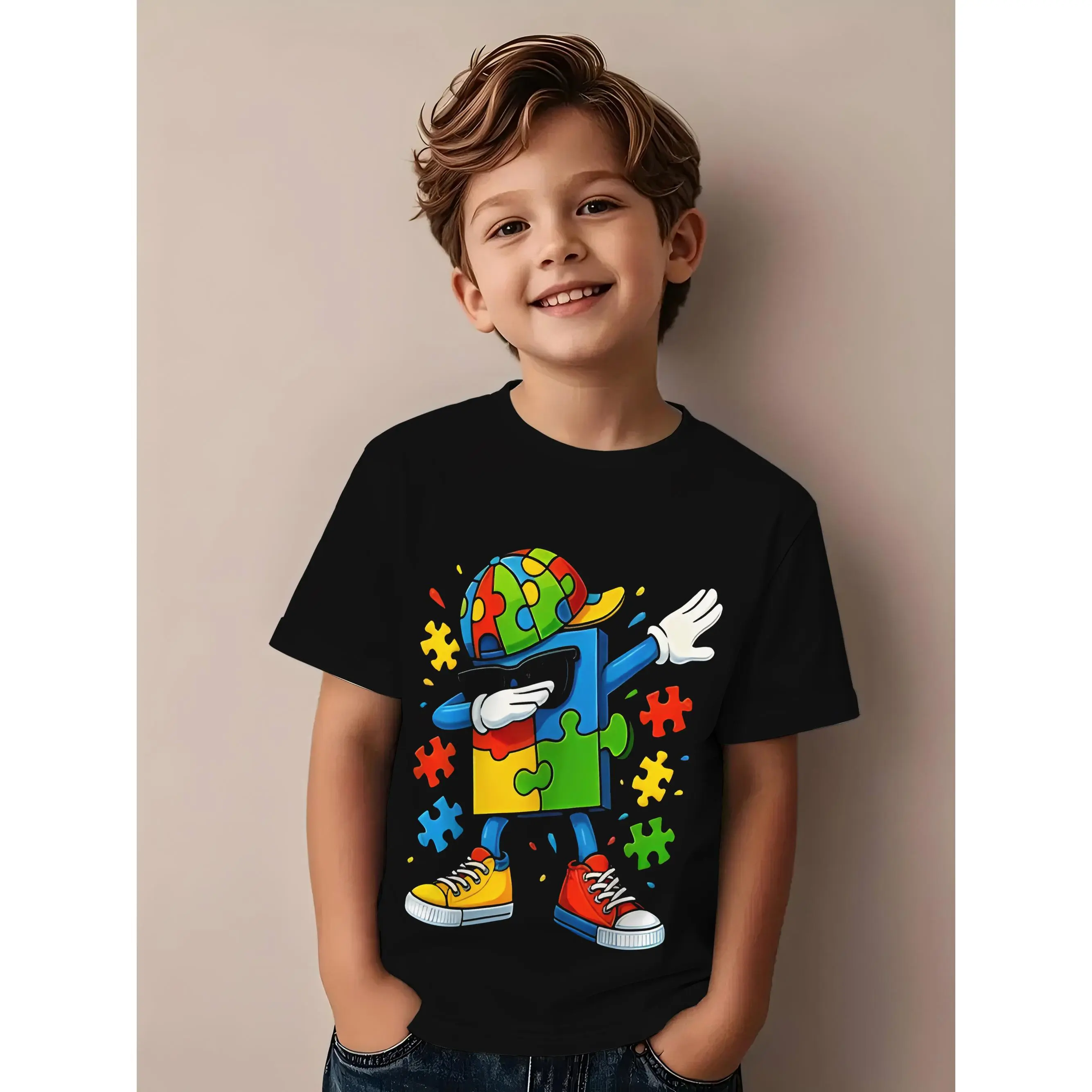 Character-Themed Boys' Lego® Compatible Building & Puzzle Print T-Shirt, Soft Short Sleeve Round Neck Tee with Mr. Puzzle & Block Characters, Machine Washable Summer Playwear/Birthday Gift (3Y-13Y), Character-Themed Boys' T-Shirts