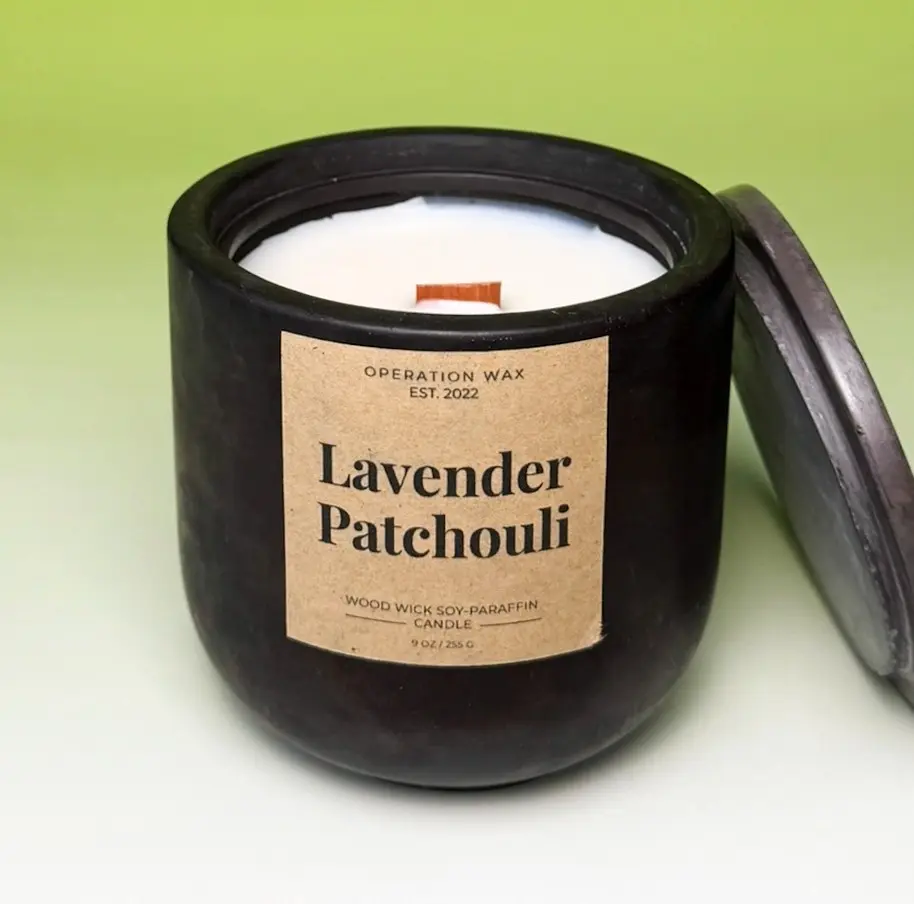 Lavender Patchouli Scented Fall Candle 9 oz Hand-Poured--=%2=- Soy=%2=-- Paraffin Wax Blend with Crackling Wood Wick for Cozy Luxe Ambiance