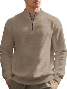 Men's Casual Half-Zip Pullover Sweatshirt, Fall Winter Jacquard Knit Hoodie, Stand Collar Long Sleeve, Large Size Available