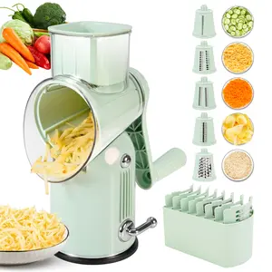 Rotary Cheese Grater with Handle Vegetable Shredder with 5 Interchangeable Blades, Kitchen Food Slicer and Chopper with Strong Suction Base for Fruit Vegetables Nuts with Blade Storage Box Bpa Utensils Green Steel Set Stainless
