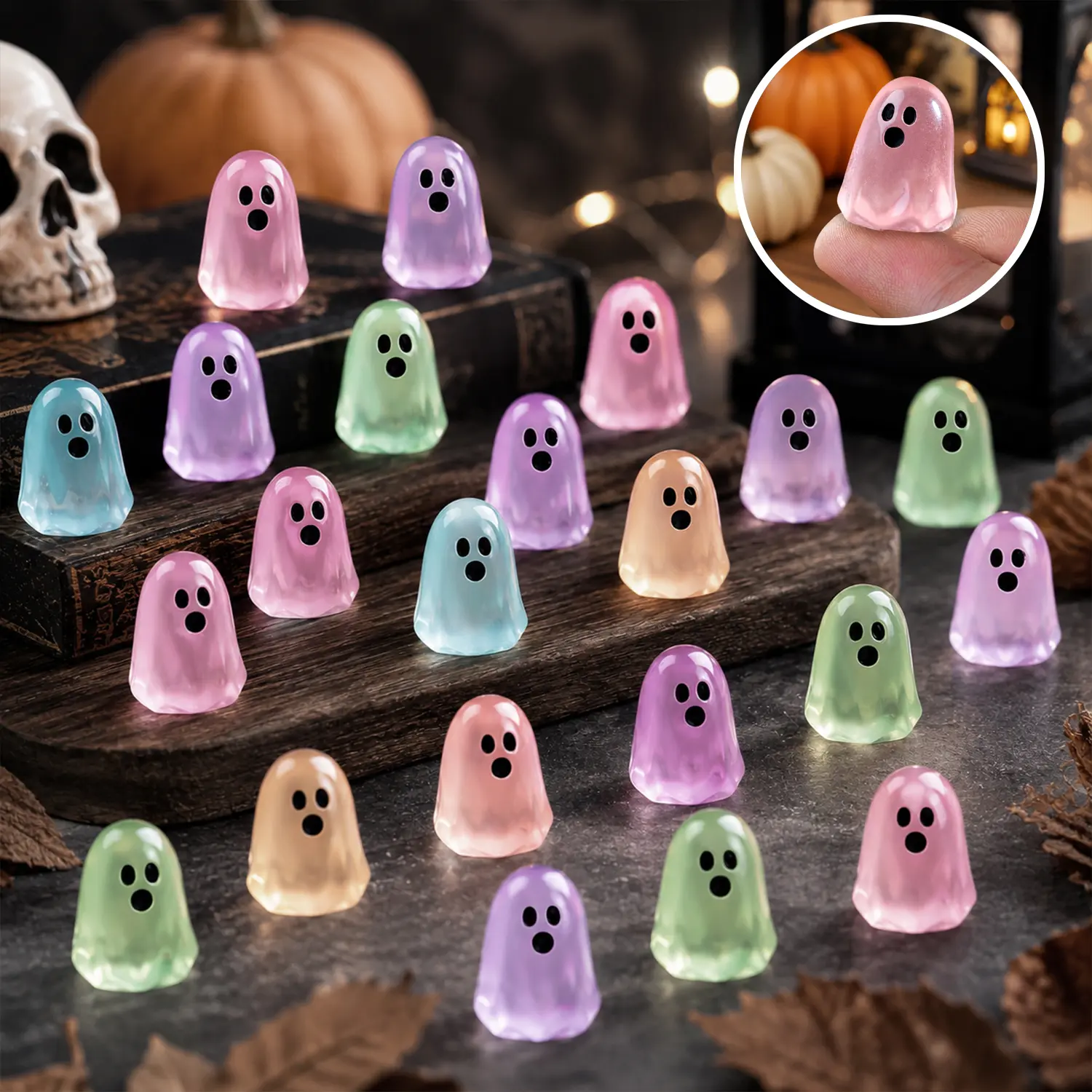 60Pcs Small Glowing Halloween Resin Ghost Figurines, Spooky Cute Decor, Glow-in-the-Dark Party Favors, Fall Accent Gifts for Dollhouse Toys & Home Decor