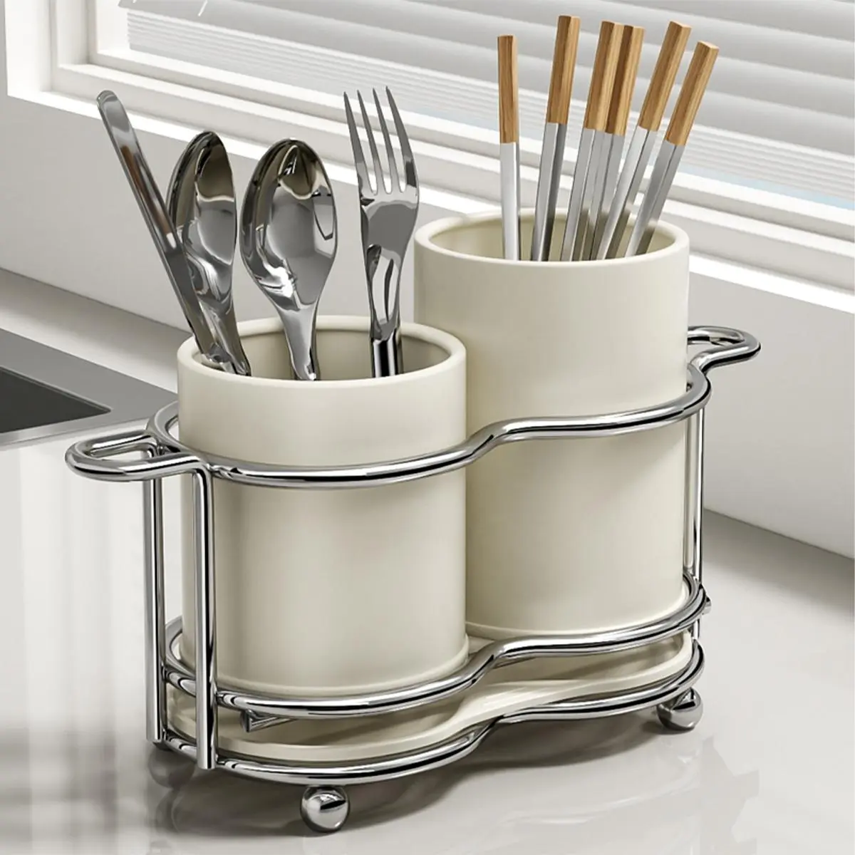 Kitchen Utensil Holder, 1 Count Multifunctional Steel Cutlery Holder, Kitchen Drainage Storage Organizer for Chopsticks and Spoons, Home Organizer, Kitchenware, Knives