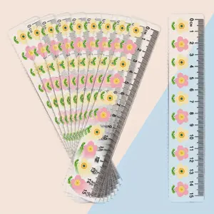 10pcs Clear Plastic Ruler with Large Numbers Flower Designs for Office, The side features a serrated structure, Transparent, Easy to Read Design, Office Supplies, Precision Measuring, Sleek Appearance, Clear Construction