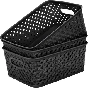 MaxGear 3-Pack Lightweight Modern Eco-Friendly Plastic Storage Baskets with Handles, Large Woven-Style Home Organizers for Kitchen and Office Use, Multipurpose Storage Boxes