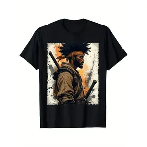 Vintage Graphic T-Shirt Featuring African American Samurai Warrior Bold Katana Design Casual Summer Tee in 100 Percent Cotton Regular Fit Available in Multiple Sizes
