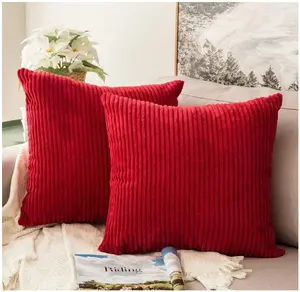 Pack of 2 Corduroy Soft Soild Decorative Square Christmas Throw Pillow Covers Set Cushion Cases Pillowcases for Sofa Bedroom Car 18 x 18 Inch 45 x 45 Cm Red
