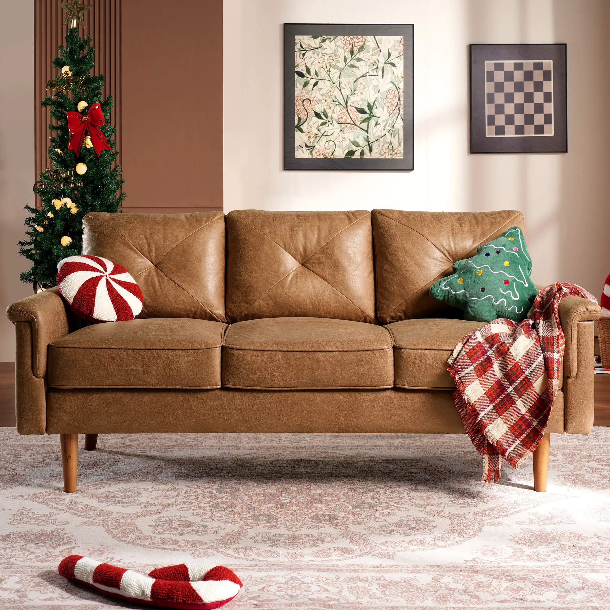 ALLWEX 71" Brown 3-Seater Upholstered Sofa Couch - Mid-Century Modern, Soft Suede Fabric, Solid Wood Frame, High Resiliency Cushions, Fixed Arms, Reinforced, Deep Seats, Supports 660lbs for Living Room, Apartment