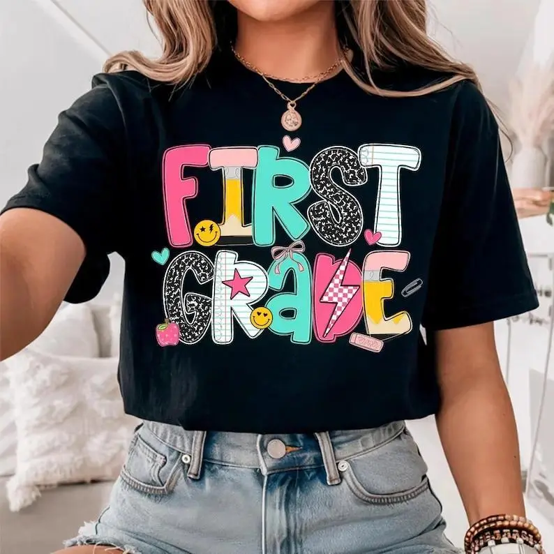 Streetwear Oversized First Grade Teacher Graphic Tee Back to School Shirt Elementary Teacher Shirt Casual Cotton Short Sleeve Unisex Streetwear Fashion Top Teacher Gift Inspirational School Outfit Comfortable Everyday Wear Apparel