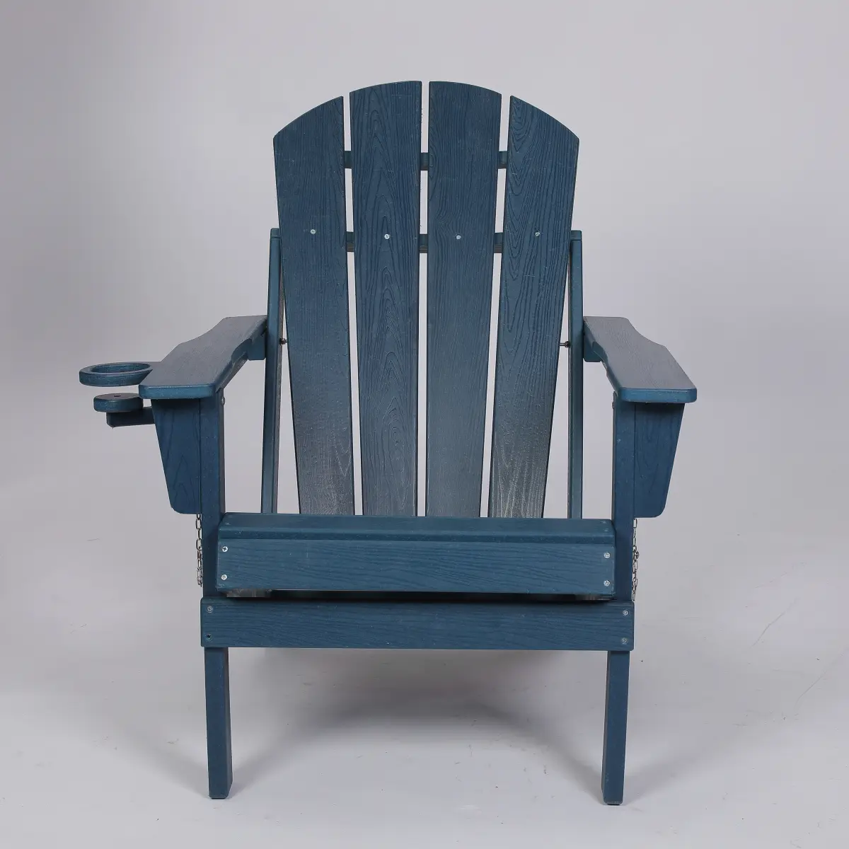 Navy Blue HDPE Plastic Foldable Adirondack Chair - 31.50"L x 27.76"W x 34.65"H, Wood Grain Finish, Outdoor Patio Use, Waterproof, 350 lbs Capacity, Dual Cup Holder, Ergonomic Large Seat, Wide Armrests, Assembly Required, Gardens, Durable