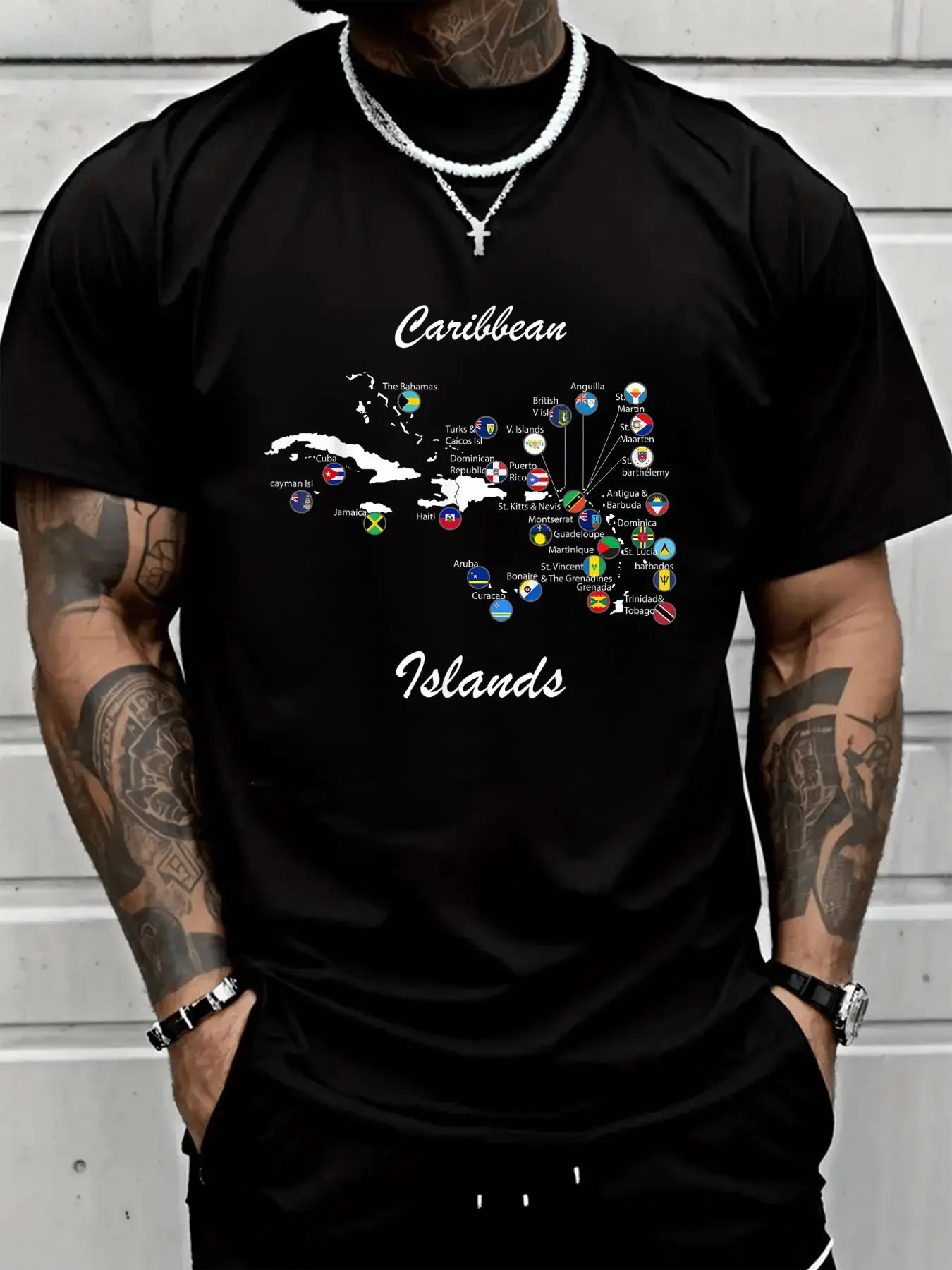 Men's Caribbean Islands Flags & Map Print T-Shirt - 100% Cotton Short Sleeve Crew Neck Loose Casual Top, Caribbean Sea Vacations Menswear, All-Season Wear, Shortsleeve, Round Neck, Soft, Stylish, Tshirt, Jackets, Casual Fit, Loose Fit