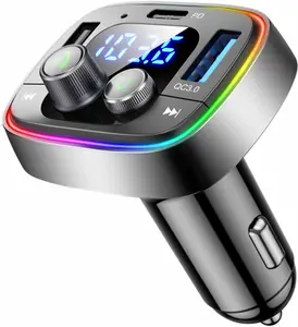 USB C Bluetooth Car Adapter with AUX Wireless FM Radio Transmitter Hands-Free Calling Audio Receiver MP3 Music Player QC3.0 Type-C PD Fast Charging LED Backlit USB TF Drive Support