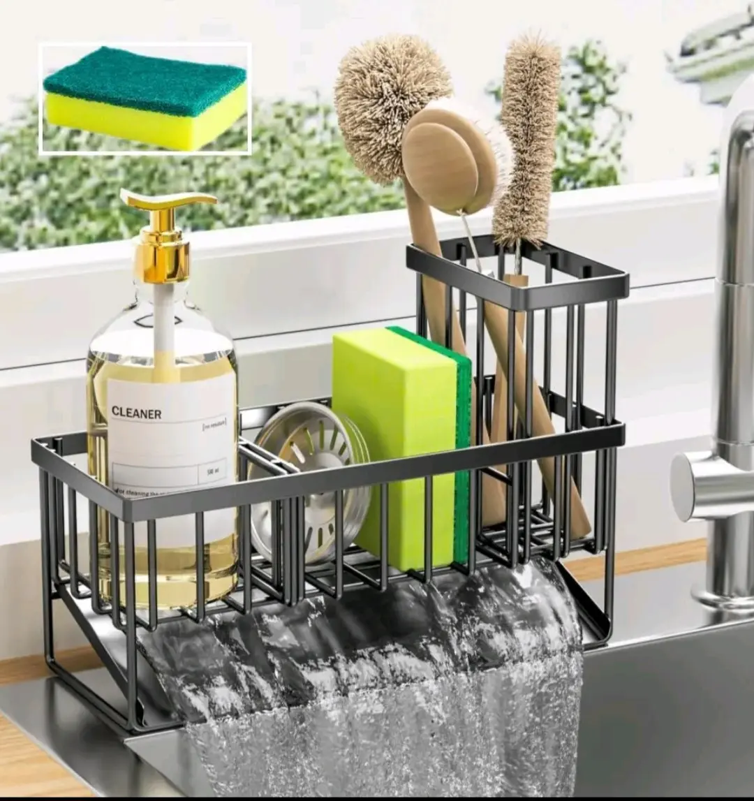 Miztishea Adjustable Metal Stainless Steel Kitchen Sink Caddy Set - 1-Layer Lengthened Adjustable Dish Rack, Draining Board, Sponge Holder, Brush Holder, 1 Sponge, Sturdy, Rust-Resistant, Scratch-Resistant Home Organizer (0-5 Kg Capacity)